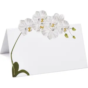100 Pack White Orchid Floral Place Cards Flower Wedding Seating Name Card Table Setting Folded Tent Cards Wedding Placement Party