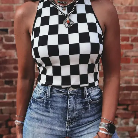 Summer Fashion Colorblock Plaid Print Round Neck Vest, Casual Summer Sleeveless, Slim-Fit Top, Stylish Casual Everyday Wear for Women, Womenswear