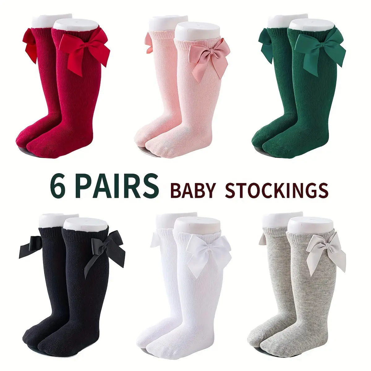 New6pcs Knee-Stockings, Polyester and Spandex Blend, All-Season Knit, with Large Bow, Hand Wash Only, Ages 12 and Under