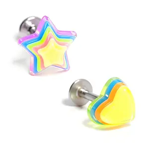 HERVAY 16G/16MM Hypoallergenic Stainless Steel Lips Ring - Pink/White Crystal + Rainbow Heart & Star Design - Medusa Piercing Compatible - Unisex Ear/Nose/Lips Body Jewelry
