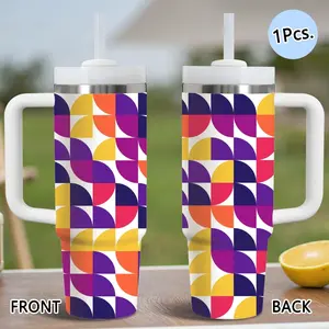 PIKPAKA Geometric Abstract Pattern Vacuum Flasks 40oz Stainless Steel Insulated Tumbler with Handle & Straw, Leakproof Travel Mug, 12H Cold Retention, Christmas & Holiday Gift Idea for Friends, Family & Coworkers