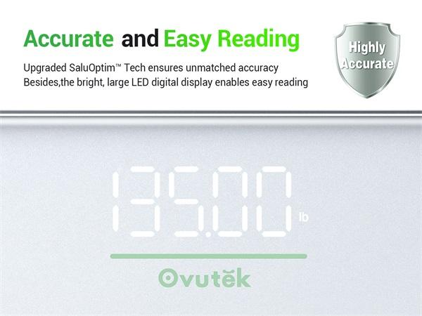 OVUTEK Bathroom Scale for Body Weight, Highly Accurate Digital Weighing Machine for People, Upgraded Batteries Included, Compact Size, LED Display, High Standards Sturdy Tempered Glass, 400lb, White