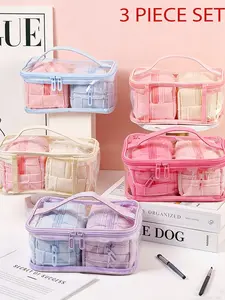 3-Piece Clear Makeup Bag Set, Cute Pastel Color Toiletry Pouch with Zipper, Waterproof Transparent Cosmetic Organizer, Travel Cosmetic Bags for Travel, Bathroom and Daily Storage