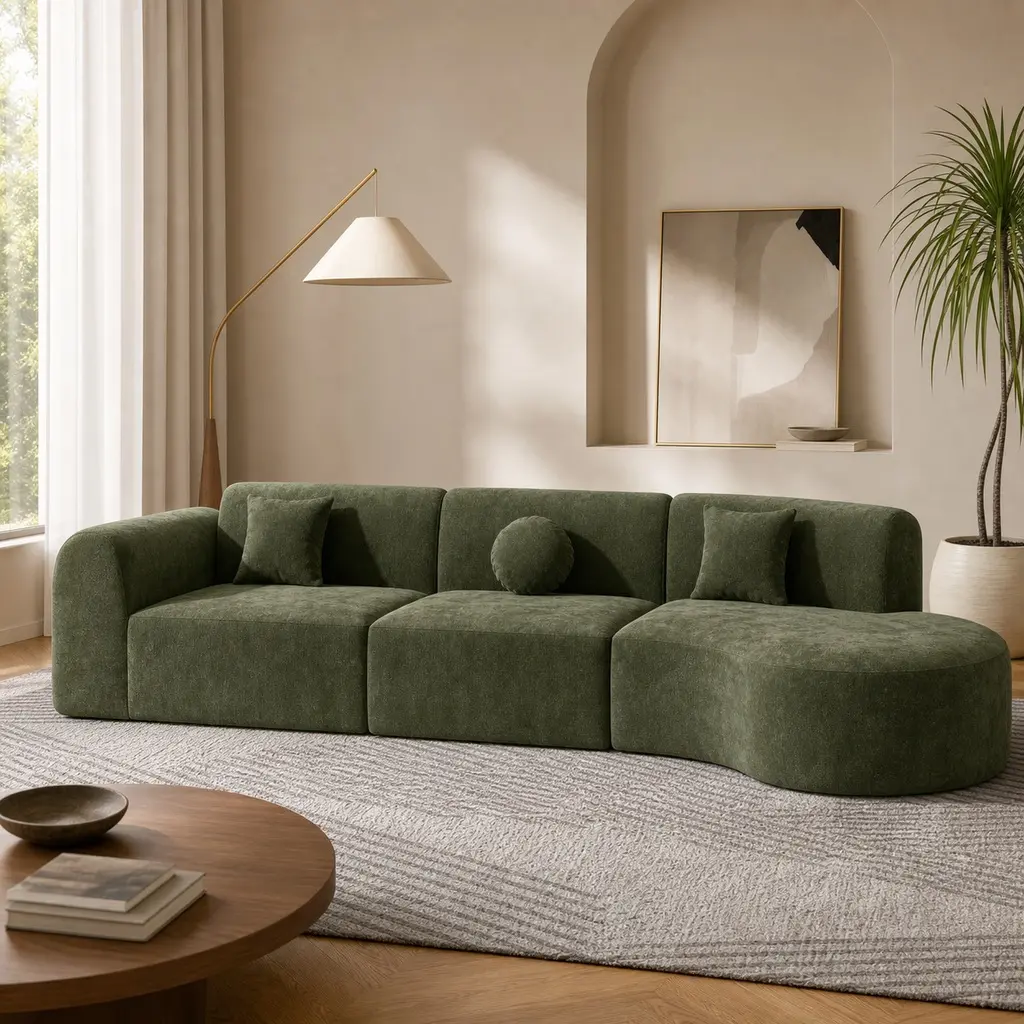 Modern Curved Sectional Sofa Set 3-Piece with Chaise Lounge, High-Density Fully Compressed Sponge, Green Polyester Fabric, Right Hand Facing, 4-Seat, Fully Assembled, 140in, for Living Room Lounge, Green Color Options, Foam/Polyester Material