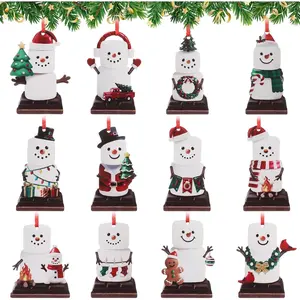 12 count Snowman Ornaments for Christmas Tree, Marshmallow Snowman Ornaments Double Sided Wooden Snow Man Christmas Decorations for Xmas Tree Party Decor