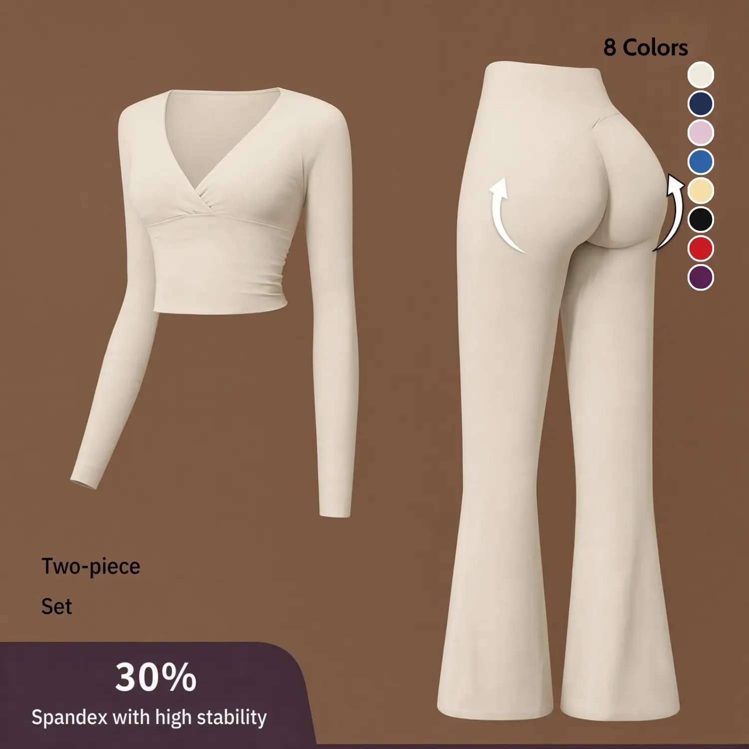 Women’s 2-Piece Yoga Set - Deep V-Neck Twist Knot Long Sleeve Crop Top, High Waist Butt Lifting Flare Pants, Soft Stretch Workout Fitness Sportswear Matching Set, Two Piece Outfits for Women