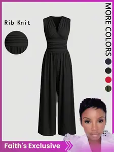 【Faith's Exclusive】Women's Plain Solid Ruched Deep V Neck Wide Leg Fitted Jumpsuit, Casual Sleeveless Ribbed Jumpsuit for Daily Wear, Ladies Clothes for All Seasons