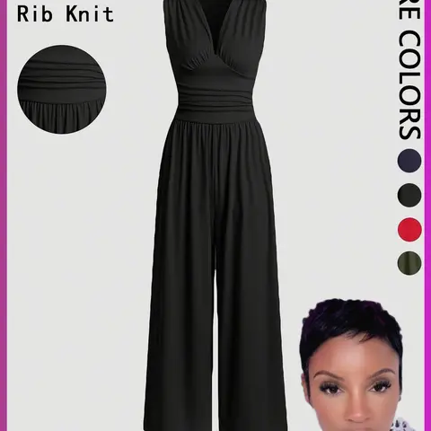 【Faith's Exclusive】Women's Plain Solid Basic Ruched Deep V Neck Wide Leg Fit Jumpsuit, Casual Sleeveless Ribbed Jumpsuit for Daily Wear, Ladies Clothes for All Seasons