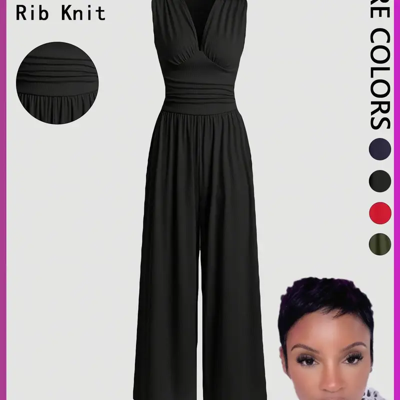 【Faith's Exclusive】Women's Plain Solid Basic Ruched Deep V Neck Wide Leg Fit Jumpsuit, Casual Sleeveless Ribbed Jumpsuit for Daily Wear, Ladies Clothes for All Seasons