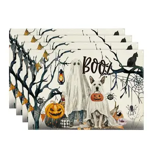 4 Piece Halloween Place Mats Set, Bat Ghost Pumpkin Design, Seasonal Table Mats for Party Kitchen Restaurant Decor, Halloween Decoration