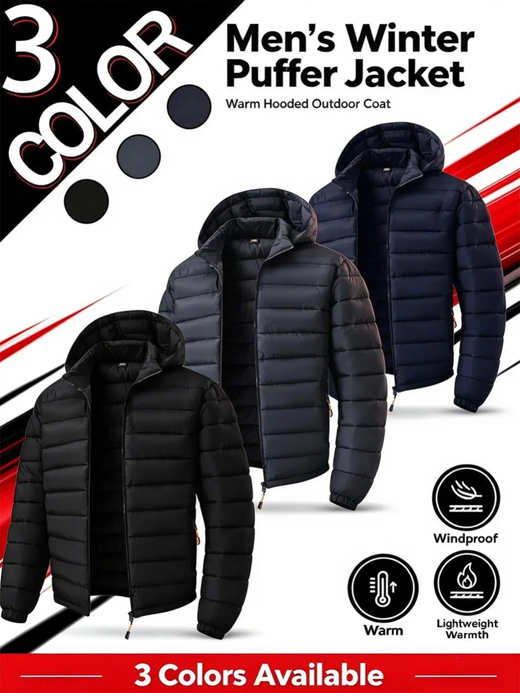 Men's Stylish Cold Weather Gear Multi-Size Autumn-Winter Thick Warm Hooded Loose Windproof Water-Resistant Puffer Coat - Ribbed Cuffs, Zip-Up, Youth Fashion, Leisure & Sports Use Down Cotton Jacket