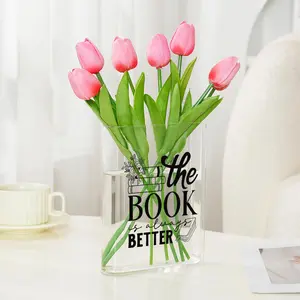 1pc Clear Acrylic Book & Flower Vase Rectangular Tabletop Centerpiece with Book Page Labelled Sections (Title/Author/Publisher) Bohemian Decor for Book Lovers Bookend Display Shelf Decoration Birthday/Christmas/Anniversary