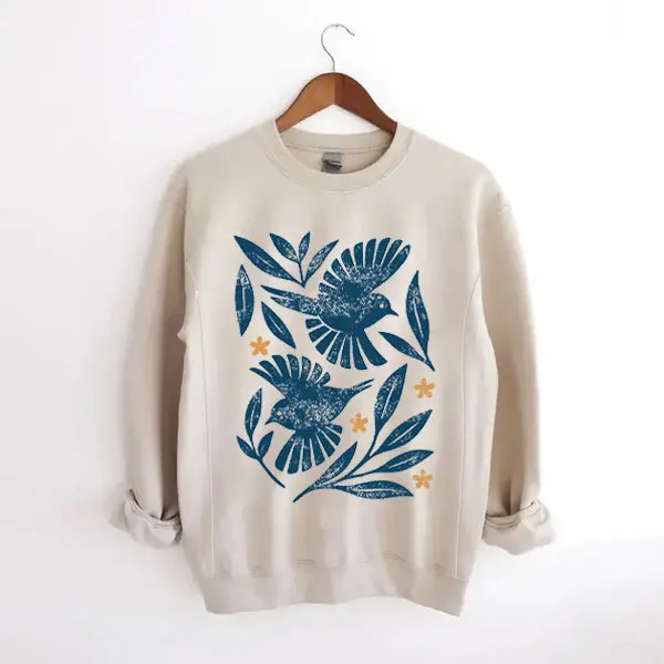 Giftifymama Women's Retro Botanical Print Crew Neck Nursing Sweatshirt - Cotton-Polyester Blend, Hidden Zipper, Easy Access, Loose Regular Fit, Casual Spring-Autumn Wear, S-XXL, Postpartum Top, Mother's Day Gifts, Cool Iron on Reverse Side, Round Neck, Lo
