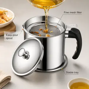 Stainless Steel Oil Filter Pot with Lid & Tray, Kitchen Grease Strainer Container with Fine Mesh Filter, Reusable Cooking Oil Storage Can with Easy-Pour Spout and Anti-Scald Handle
