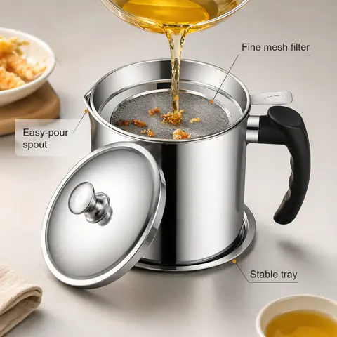 Stainless Steel Oil Filter Pot with Lid & Tray, Kitchen Grease Strainer Container with Fine Mesh Filter, Reusable Cooking Oil Storage Can with Easy-Pour Spout and Anti-Scald Handle
