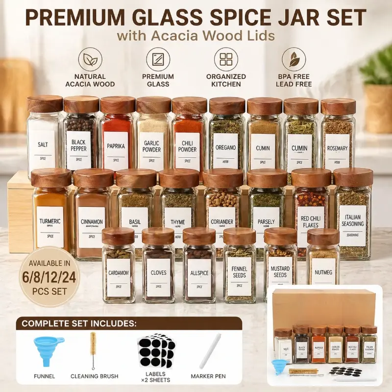 Premium Clear Glass Spice Jar Set with Natural Acacia Wood Lids, Kitchen Storage Organizer Bottles with Labels & Accessories, Modern Pantry Organization for Salt, Pepper, Herbs, Seasoning