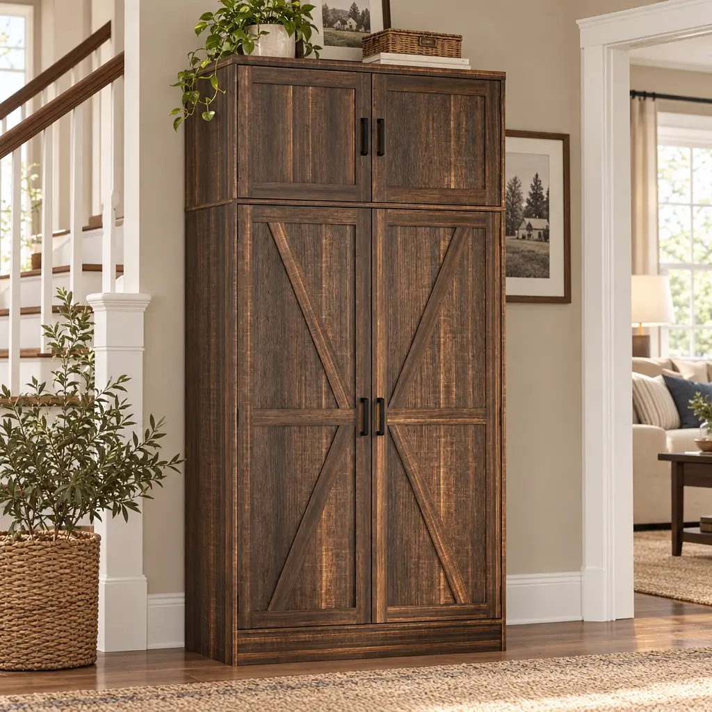 71'' Tall Farmhouse Storage Cabinet, Freestanding Kitchen Pantry Cabinets with Barn Doors & Adjustable Shelves, Kitchen Storage Cabinets for Living Room, Dining Room, Bathroom furniture