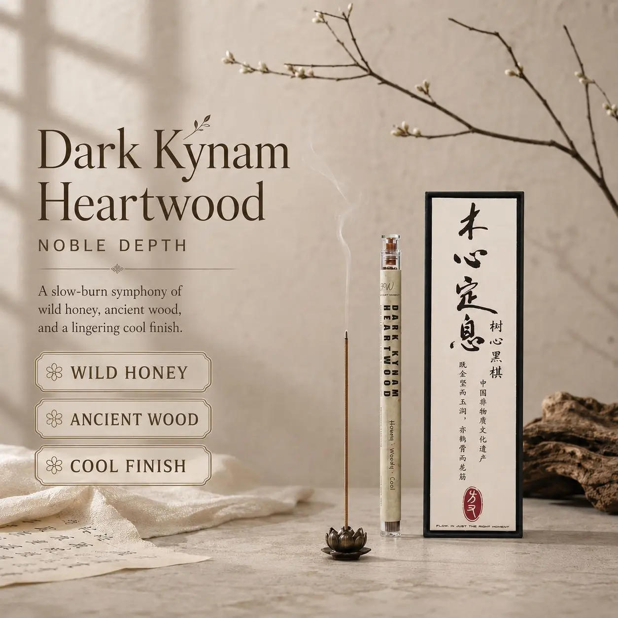 Flow - Dark Kynam Heartwood Incense Sticks 10g, Natural Nha Trang Dark Kynam Heartwood Powder, Woody Honeyed Cool Deep Layered Scent, Stabilizing Focus Aroma For Minimalist Lifestyle & Long Daily Use, Premium Artisan Agarwood Incense