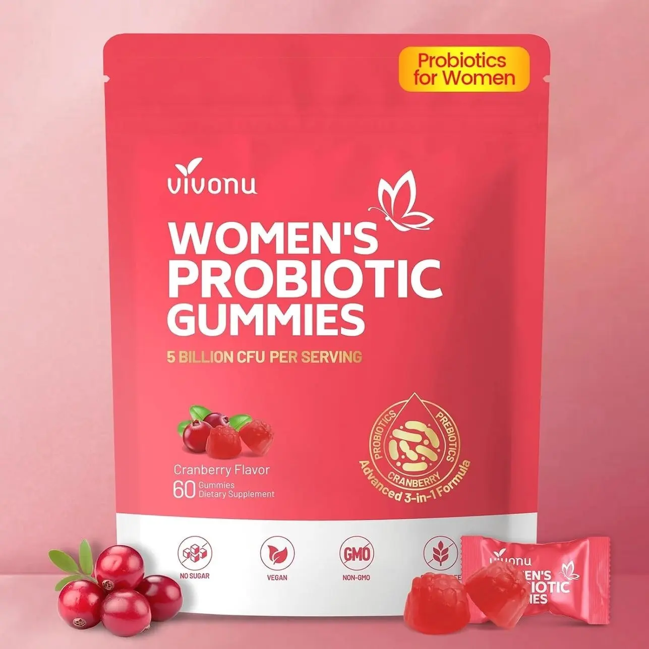 VivoNu Probiotics for Women, Women Probiotic Gummies, 500 Million CFUs, Fiber | Feminine Balance Gummies for Healthy Odour, Digestive Support and Gut Health + Vitamin C for Immune Support - 60 Gummies