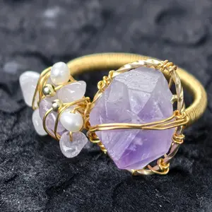 [Lilac Meteorite] Ring, Adjustable Size, Natural Amethyst and Freshwater Pearls, 18K Gold-Plated
