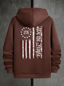Men's Letter & Flag Print Drawstring Thermal Lined Hoodie, Casual Regular Fit Pocket Long Sleeve Hooded Sweatshirt, Men Clothes for Fall & Winter