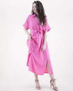 Original USA Women's Casual Bohemian Midi Shirt Dress, Belted Button-Up with Drop Shoulders in Lightweight Woven Viscose, Casual Bohemian Dress