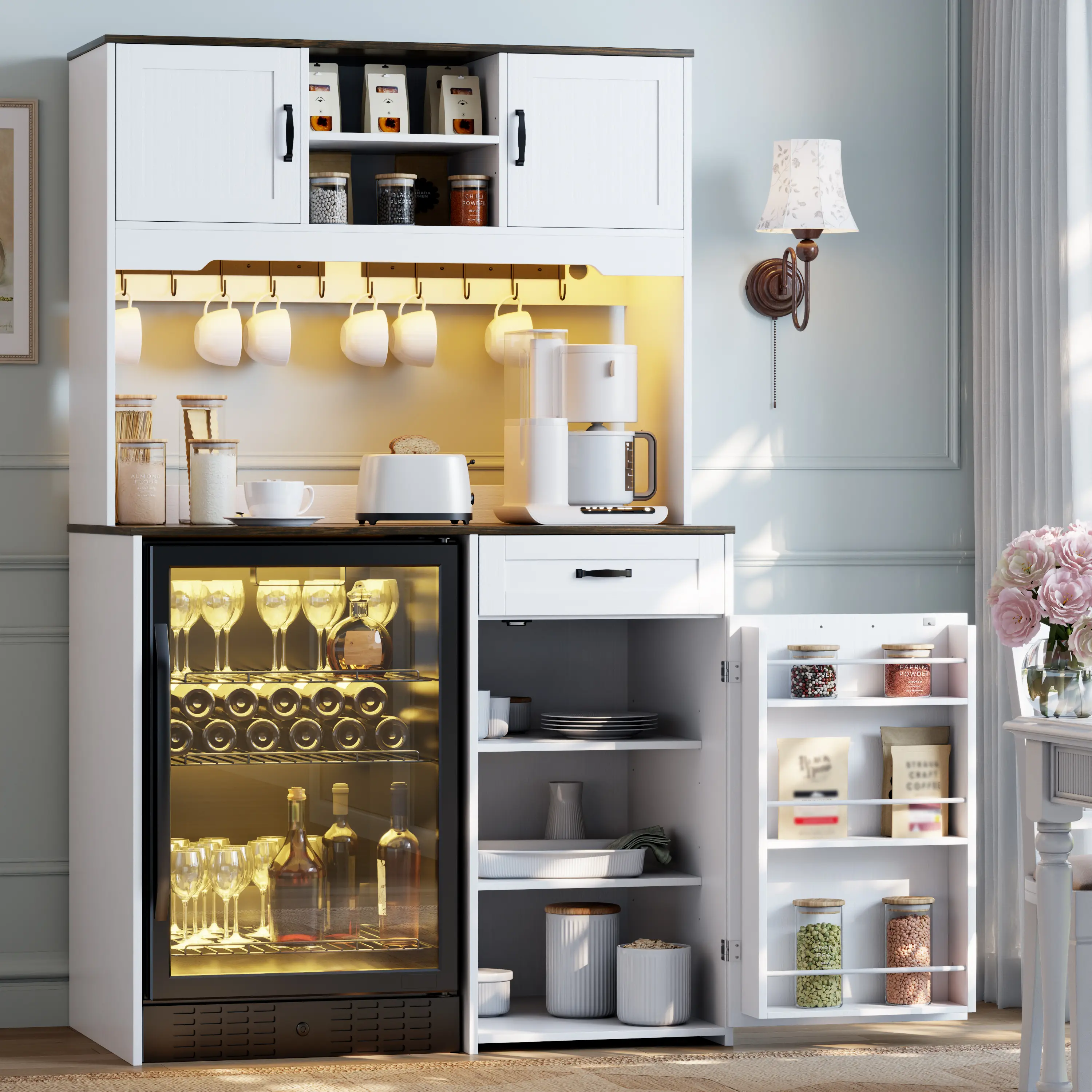 Gyfimoie 73'' Tall Coffee Bar Cabinet with Fridge Space - Farmhouse Wine Bar Cabinet with Outlet & Led, White Coffee Stand Station with Hooks & Shelf Guardrails