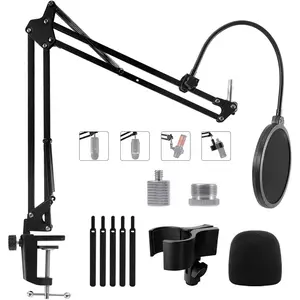Mic Stand Boom Arm for Blue Yeti, Nano, HyperX QuadCast Snowball Fifine Shure SM7B and More Mic, Adjustable Boom Arm Desk Microphone Stand with 3/8" to 5/8" 1/4" Screw, Pop Filter Mic Clip Cable Ties