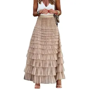 Elegant Tulle Skirt with Ruffled Layered Design in Maxi Length Flared Style for Casual and Formal Occasions