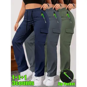 3-Pack Women's Heavy-Duty Cargo Pants - Non-Stretch Utility Trousers Multi-pocket & Adjustable Drawstring | All-Season Workwear for Outdoor & Casual Use (Black/Gray/Blue/Green) - Durable Stitching & Machine Washable