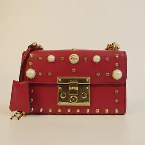 Pre-owned GUCCI Padlock Moonlight Box Pearl Edition Red Palace Style Small Handbag with Gold Studs and Pearl Accents