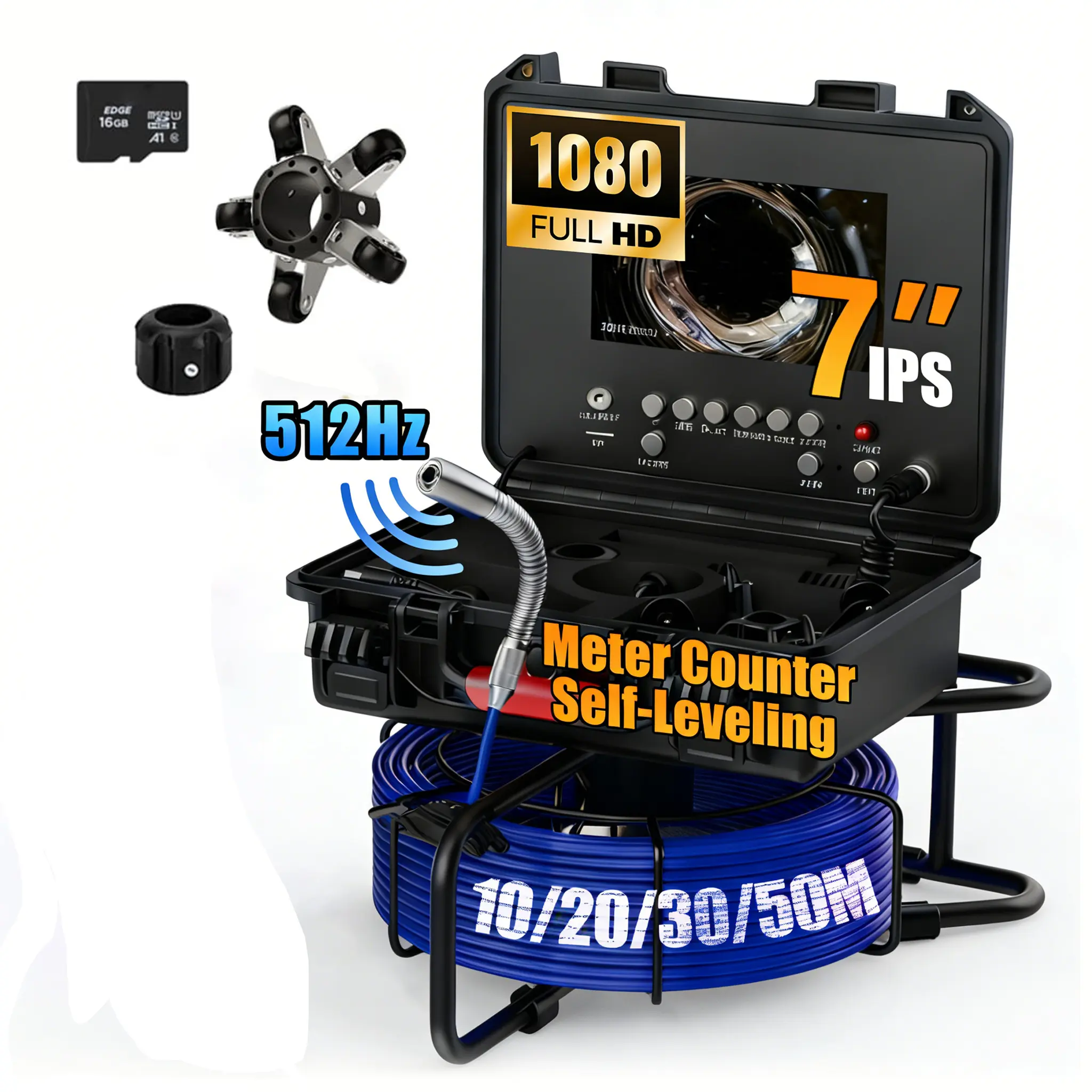 Self-Leveling Sewer Drain Inspection Camera (7'' Display), 512Hz Sonde, Mtr Counter, 32GB DVR, 5X Zoom, 12 LEDs, IP68 Waterproof 23MM 1080P Endoscope for 5MM Pipes (66ft/100ft/164ft Options)