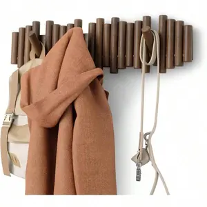 Picket Wall - Mounted Coat Rack Rail Hook With 5 Retractable Wood Pegs U2013 Modern, Space - Saving Storage Organizer, Natural