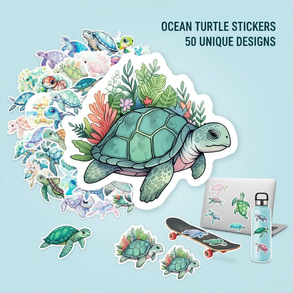 50Pcs Sea Turtle Stickers, Cute Ocean Animal Waterproof Decals for Water Bottles Laptops Skateboards Scrapbooking, Sea Life Graffiti Aesthetic Stickers