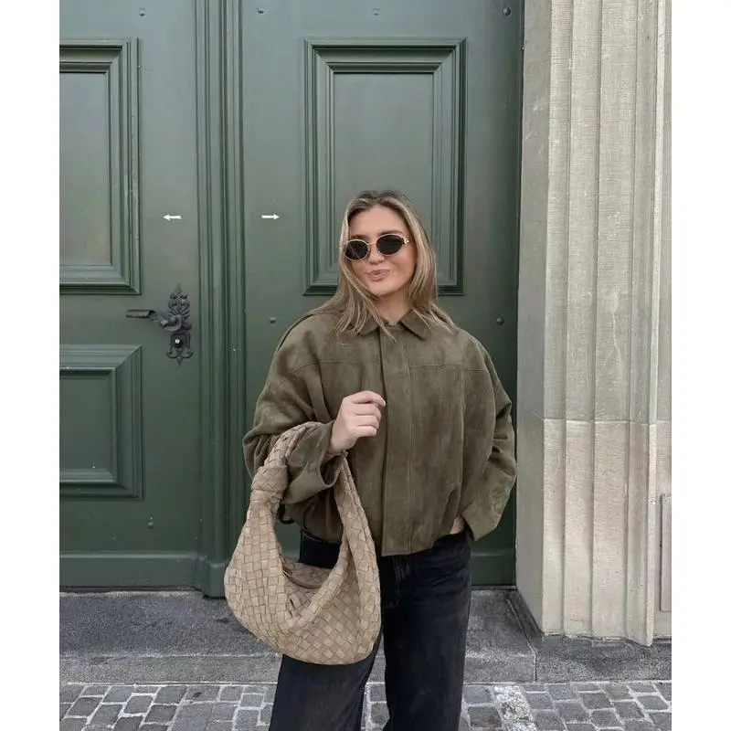 Women'sGreenSuedeJacket2025NewSpringFashionLongSleeveZipperOversizeBomberCoatChicFemaleHighStreetOuterwearFittedCollaredBasicTopsMinimalist Women'sGreenSuedeJacket2025NewSpringFashionLongSleeveZipperOversizeBomberCoatChicFemaleHighStreetOuterwearFittedCollaredBasicTopsMinimalist