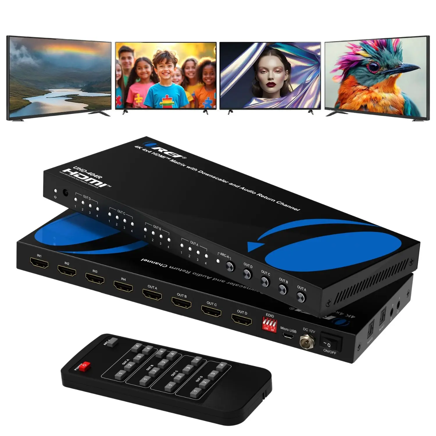 4K@60Hz 4x4 HDMI Matrix Switch with Remote, Auto Downscale (UHD-404R)