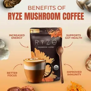 RYZE Organic Natural Instant Mushroom Coffee - 6 USA-Grown Adaptogenic Mushrooms (Including Cordyceps), MCT Oil, 30 Servings - Supports Energy, Focus, Digestion