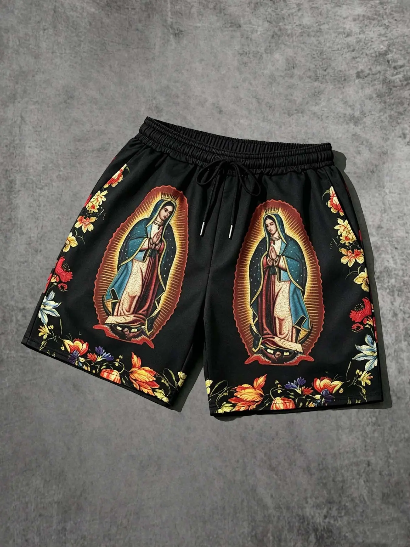Tiktok, Summer Men's Fashion Trend, Guadalupe Virgin Mary Full Print, Men's Casual Shorts, Loose-Fitting, All over Print, Drawstring Casual Shorts, Casual wear shorts