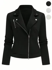 2026 New Model Women's Casual Lapel Zipper Fitted Jacket Coat, Stylish Motorcycle Outerwear with Button Details, Perfect for Spring & Fall Fashion