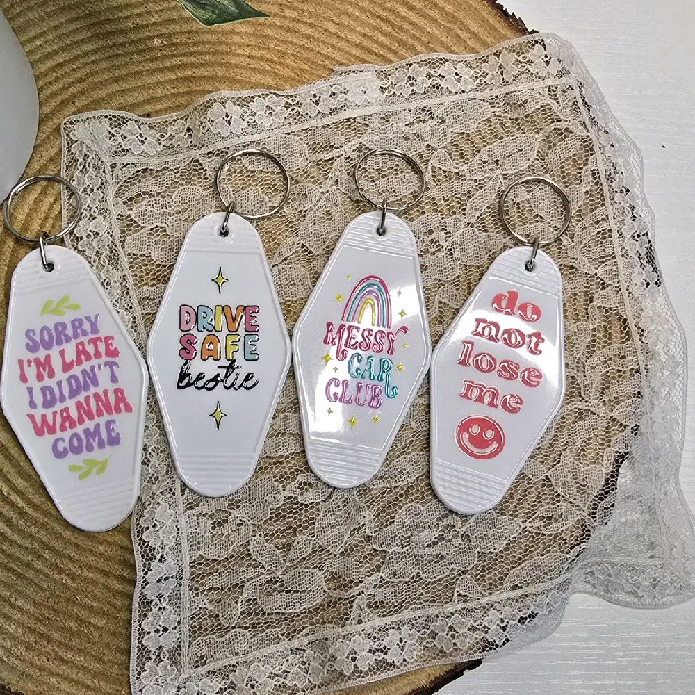 Motel Keychains - Decorative Design with Unique Messages and Character Illustrations, Featuring "Sorry I'm Late, I Didn't Want to Come" & "Drive Safe Bestie"