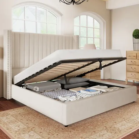 AMERLIFE Bed Frame with Headboard Lift Up Storage Bed, Velvet Upholstered Bed Frame With Channel Tufted Wingback Headboard/Christmas Gift/Best Gift Ideas[TikTokShopFallDealsForYou]