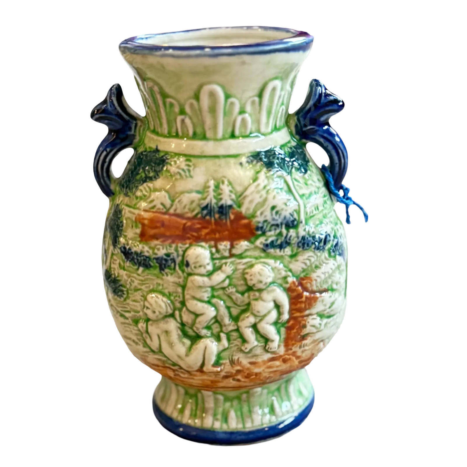 Vintage Relief Ceramic Pitcher in Soft Greens and Blue