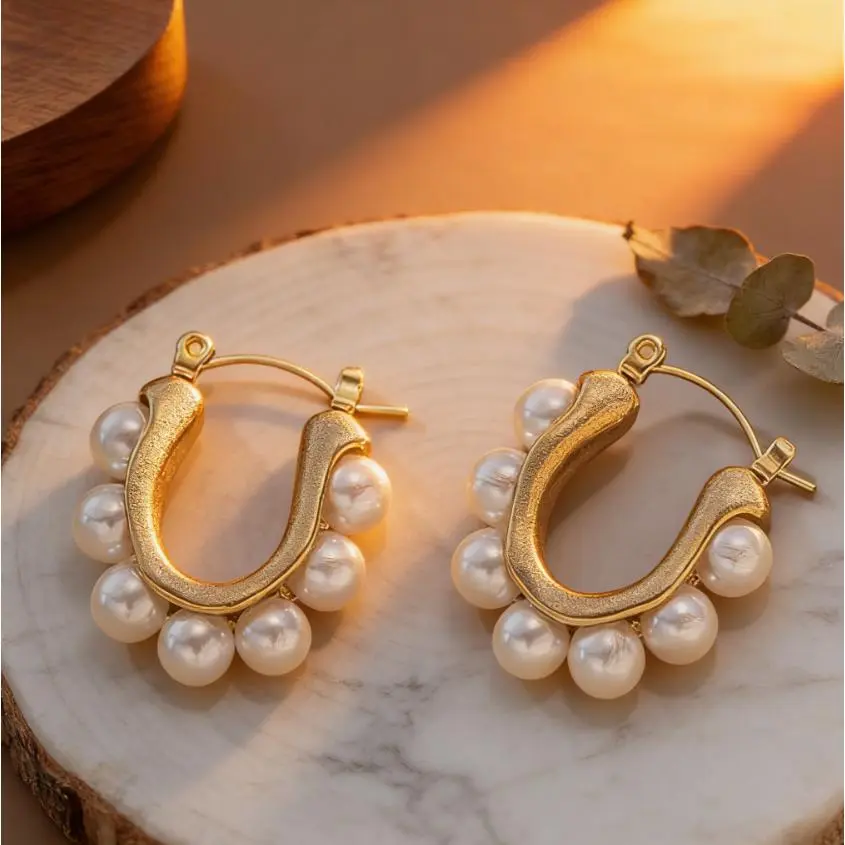 Women's U-Shaped Faux Pearl Hoop Earrings - Casual Trendy Jewelry, Fashionable Accessories, Versatile Elegant Daily Jewelry, Versatile Earrings, Earrings For Women, Clustered Pearls