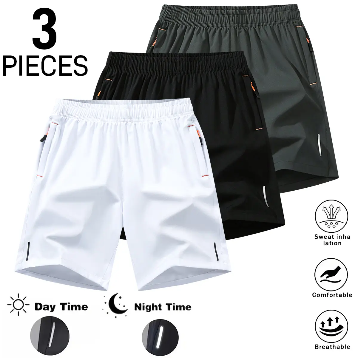 3-pack men’s summer athletic shorts with elastic waistband and zippered pockets; solid-color casual shorts suitable for outings, everyday life, sports, fitness, and outdoor activities; men’s shorts.
