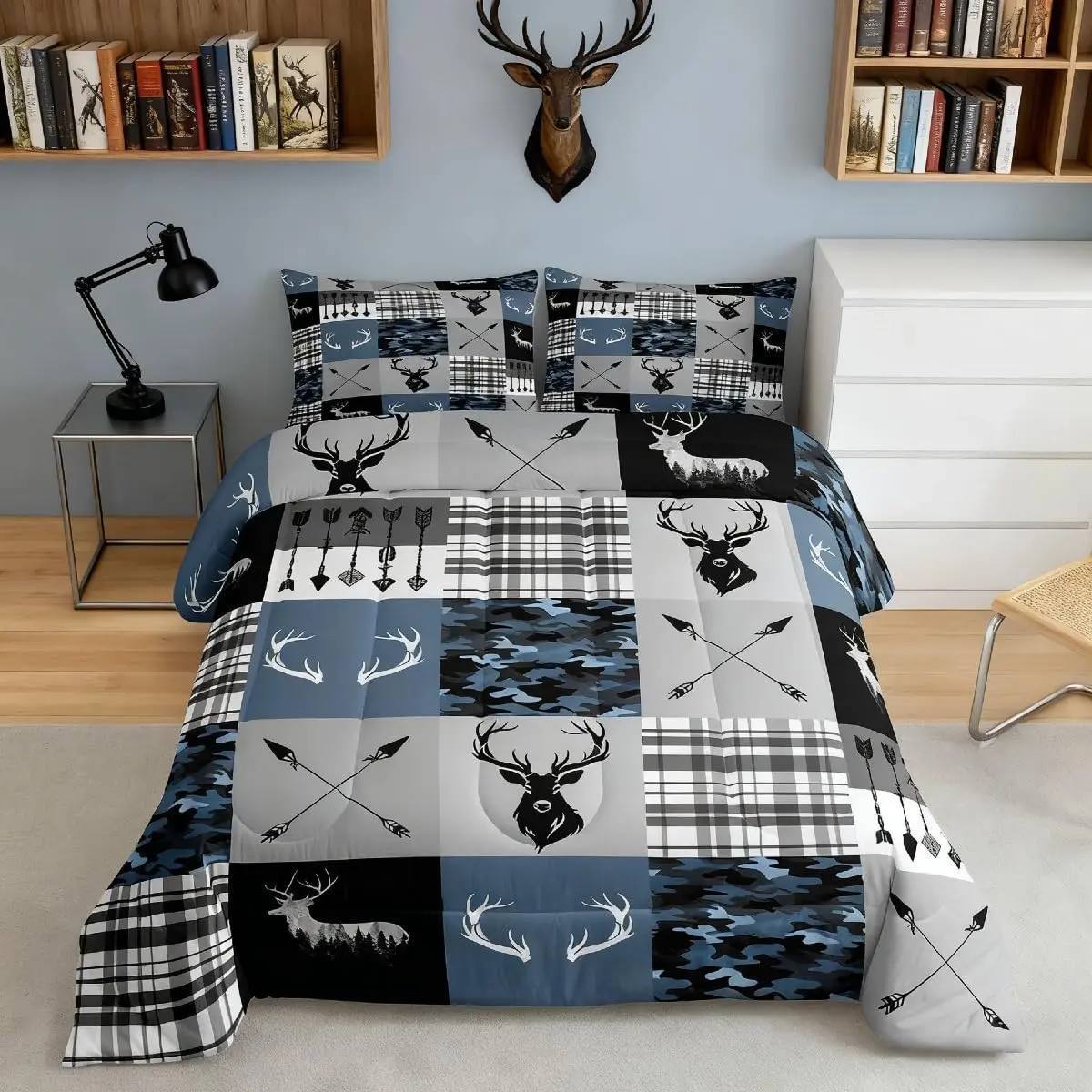 Deer Hunting Bedding Set Soft,Camo Comforter Set Camouflage Duvet Quilt Microfiber Antlers Bedroom Decor 1