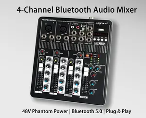 Kaschun T4 4-Channel Compact Metal Audio Mixer - Bluetooth 5.0, USB Recording, +48V Phantom Power, 3-Band EQ, Built-In Effects, Plug-and-Play for Live Streaming, Podcasting
