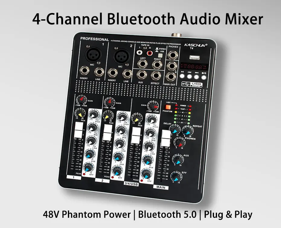 Kaschun T4 Compact Metal 4-Channel Audio Mixer - Bluetooth 5.0, USB Recording, +48V Phantom Power, 3-Band EQ, Built-In Effects, Plug-and-Play for Live Streaming, Podcasting (Musical Instrument Accessory)