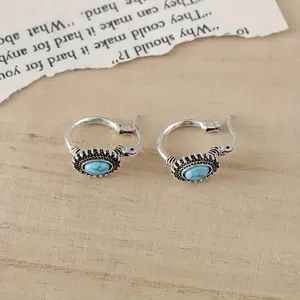Vintage Bohemian Style Oval Faux Turquoise Inlay Earrings, Zinc Alloy with Stainless Steel Posts, Daily & Vacation Wear, All-Season Accessory