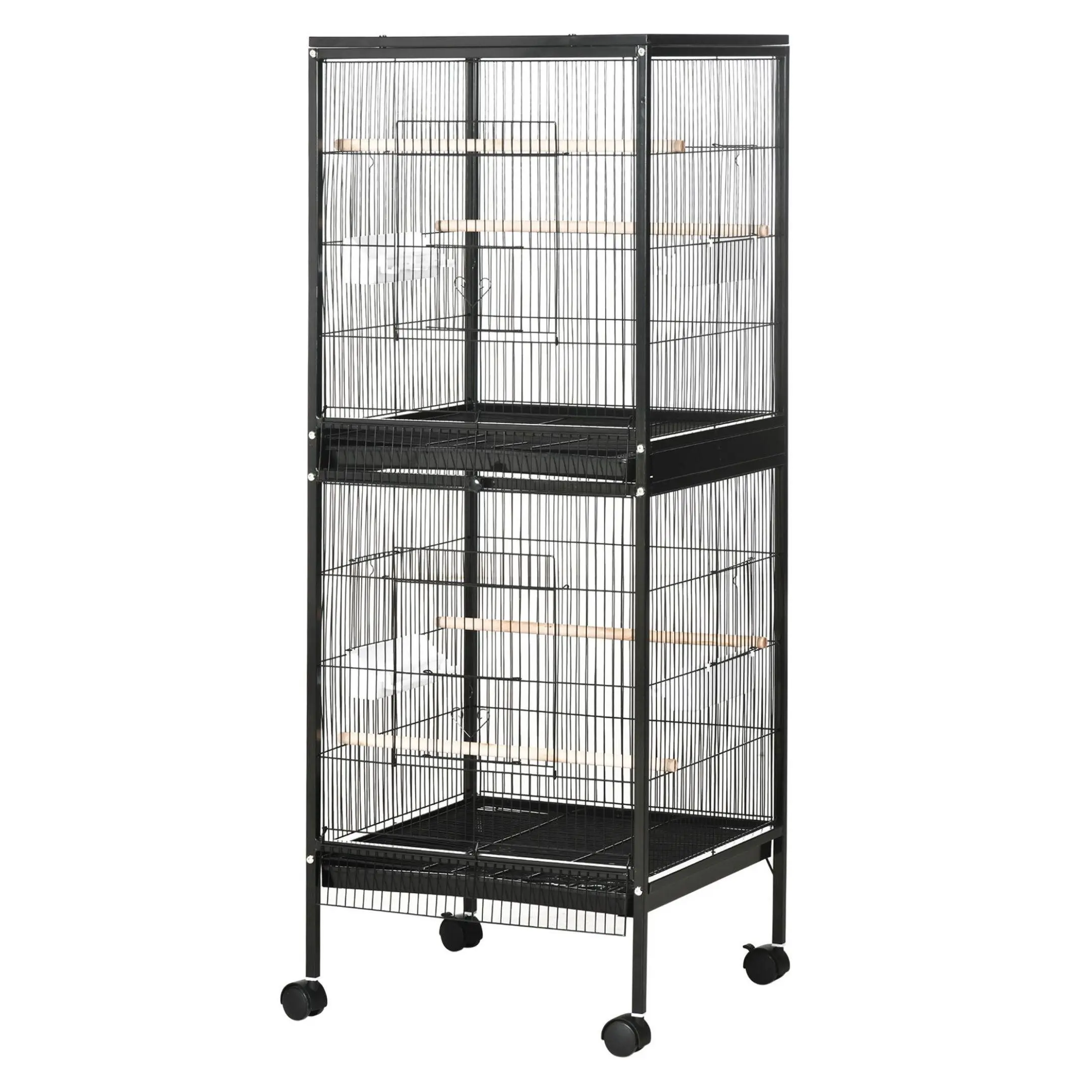 55" Dual Bird Cage for Finches & Budgies - Mobile Aviary with Wheels - Black