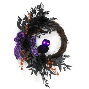 22in Prelit Halloween Owl Wreath, Black Willow Leaves, Roses and Purple Bow, Farmhouse Indoor Outdoor Door Wall Decor